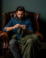 Bearded man knitting green wool blanket in leather armchair. Male hobby crafting handmade textile at home. Modern masculinity breaking gender stereotypes.