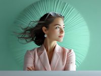 Young Asian businesswoman in pink blazer with flowing dark hair against mint green circular background, expressing confidence and vision in professional portrait.