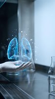 Gloved hand presenting holographic lungs with glowing particles in modern medical laboratory for healthcare technology and respiratory medicine research.