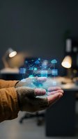 Person holding digital network hologram with cloud computing icons and connected data nodes for technology, innovation, and business solutions.