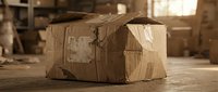 Damaged cardboard shipping box with torn edges and tape on warehouse floor. Package delivery mishap concept for logistics and transportation industry.