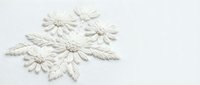 White embroidered floral motif with delicate petals and leaves on fabric surface for fashion design, textile decoration and crafting projects.