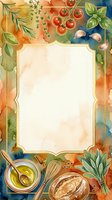 Watercolor culinary frame with fresh tomatoes, herbs, olive oil, and cooking utensils on aged paper background. Isolated design template for recipe cards, menus, and food-related projects.