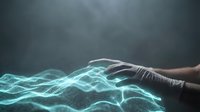 Human hand reaching toward glowing cyan digital waves in dark atmospheric space representing technology connection and futuristic interaction.