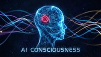 Digital brain with glowing neural networks and power button symbol representing artificial intelligence consciousness and machine learning technology.