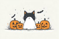 Cute black cat dressed as ghost sitting among carved pumpkins with jack o lantern faces and flying bats on beige background. Halloween festive illustration.