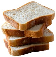 Stack of fresh white bread slices with golden brown crust showing soft texture and layers, isolated on white background for food packaging and menu design.