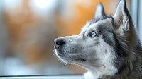 Majestic Siberian Husky with striking blue eyes gazes upward against soft bokeh background, showcasing distinctive wolf-like features and alert expression.