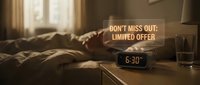 Alarm clock displaying 6:30 AM on a bedside table with a glowing limited offer alert hologram in a cozy bedroom at dawn.