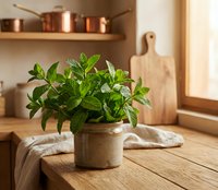 Fresh mint plant in ceramic pot on wooden kitchen counter with copper cookware and natural sunlight streaming through window.