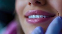 Young Asian woman with bright white healthy smile showing teeth during dental examination, close-up view with blue medical gloves in frame.