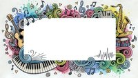 Colorful musical frame with piano keys, notes, saxophone and swirls on white background. Decorative border for music events, concerts and creative projects.