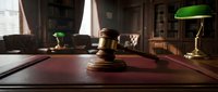 Wooden gavel on leather desk pad in traditional law office with green banker lamp and legal books creating professional attorney workspace atmosphere.