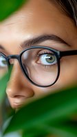 Close-up portrait of young woman wearing black-rimmed glasses with green eyes and natural makeup against blurred green foliage background for vision care concepts.