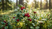 Wild lingonberry bush with ripe red berries growing in natural forest environment during golden hour sunlight for organic food and nature concepts.
