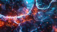 Glowing neuron cell with electrical synaptic connections in orange and blue colors against dark background showing neural network activity and brain function.