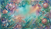 Ornamental floral frame with watercolor blooms and foliage in pastel tones surrounding turquoise center space, suitable for invitations, greeting cards, and decorative backgrounds.