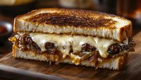 Grilled sandwich with caramelized onions and melted cheese on toasted bread, served on wooden cutting board. Gooey cheese pulls create appetizing texture.
