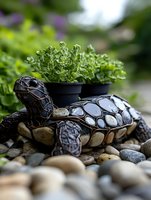Decorative garden turtle planter with small potted herbs on its back, sitting on natural river rocks against blurred green foliage background.