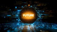 Glowing future text in hexagon shape surrounded by digital network connections and circuit patterns on dark background with blue light effects and depth of field.