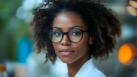 Young African American businesswoman with natural curly hair and glasses smiling confidently in professional office setting with soft bokeh background lighting.