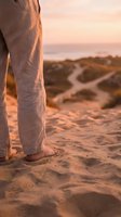 Person standing barefoot on sandy beach at golden sunset, wearing linen pants, with ocean horizon and winding path in warm light.