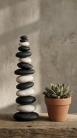 Zen stone tower with succulent plant on wooden surface against textured wall. Mindfulness meditation balance concept for wellness spa interior design.