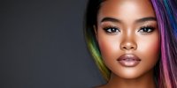 Young African American woman with vibrant rainbow colored hair, glossy lips and flawless makeup against dark background, showcasing modern beauty and creative hair coloring trends.