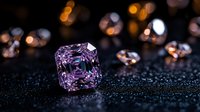 Purple square cut gemstone on dark glittering surface with golden bokeh lights in background, luxury jewelry and precious stone macro photography.