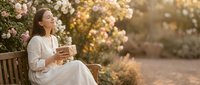Young Caucasian woman in white dress sitting on bench with book in blooming rose garden, eyes closed, enjoying peaceful summer moment.