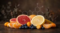 Fresh citrus fruits with vitamin C molecular structure overlay on wooden background showcasing nutritional science and healthy eating concepts.