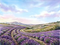 Rolling lavender fields with winding paths stretch toward distant mountains under a soft, pastel sky. Ideal for travel, agriculture, and nature-themed designs.
