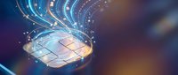 Futuristic credit card with glowing digital data streams and particles flowing upward against purple gradient background for fintech concepts.