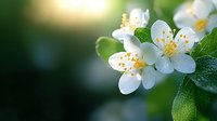 Delicate white mock orange blossoms with yellow stamens against blurred green background, fresh spring flowers and leaves in soft morning light.