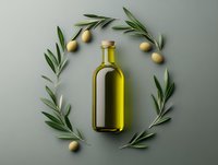 Bottle of extra virgin olive oil surrounded by fresh green olive branches and olives arranged in circle on gray background. For food and cooking concepts.