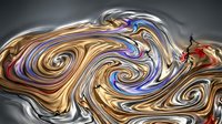 Abstract liquid metal swirls with golden bronze and purple hues creating dynamic flowing patterns on gray background for modern design projects.
