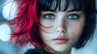 Young woman with striking blue eyes, black hair with vibrant pink highlights, and natural makeup in dreamy atmospheric portrait with soft bokeh lighting effects.