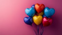 Colorful heart-shaped foil balloons in red, blue, yellow, and pink floating against a gradient pink background for celebrations and romantic occasions.