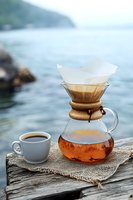Pour-over coffee setup with Chemex brewer and cup on rustic wooden surface near serene waterfront, morning brewing ritual with natural backdrop.