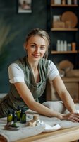 Young blonde Caucasian female artisan crafting handmade pottery in cozy workshop studio with wooden shelves and ceramic tools for creative business.