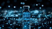 Medical vial with glowing blue liquid on dark reflective surface with bokeh lights and water drops, dramatic pharmaceutical concept for healthcare innovation.