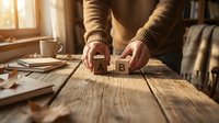 Hands arranging wooden alphabet blocks spelling AB on rustic table in warm sunlit room with cozy home interior background for learning concepts.