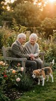Elderly Caucasian couple sitting on a garden bench at sunset, holding hands and smiling, with a beagle dog nearby among blooming flowers.