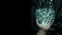 Businessman hand holding digital holographic display with network connections and data visualization in dark forest environment for technology and innovation concepts.