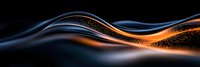 Glowing orange and blue waves with sparkling particles flow against dark background creating dynamic abstract panoramic composition for modern design.