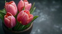 Fresh pink tulips with water droplets in wooden pot against dark background, romantic spring flowers with morning dew, copy space for text.