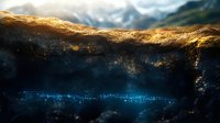 Dramatic abstract landscape with glowing golden peaks and mysterious blue light emanating from dark valley, creating ethereal atmospheric scene for background designs.