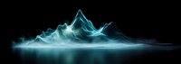 Glowing turquoise mountain silhouette emerging from misty fog against dark background creates ethereal panoramic landscape with mysterious atmosphere.