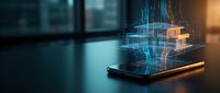 Smartphone displaying holographic digital architecture blueprint with glowing wireframe building model emerging from screen in modern office environment.