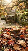 Peaceful autumn garden scene with colorful fallen leaves covering ground, wooden bench in background, warm sunlight filtering through tree branches creating serene atmosphere.